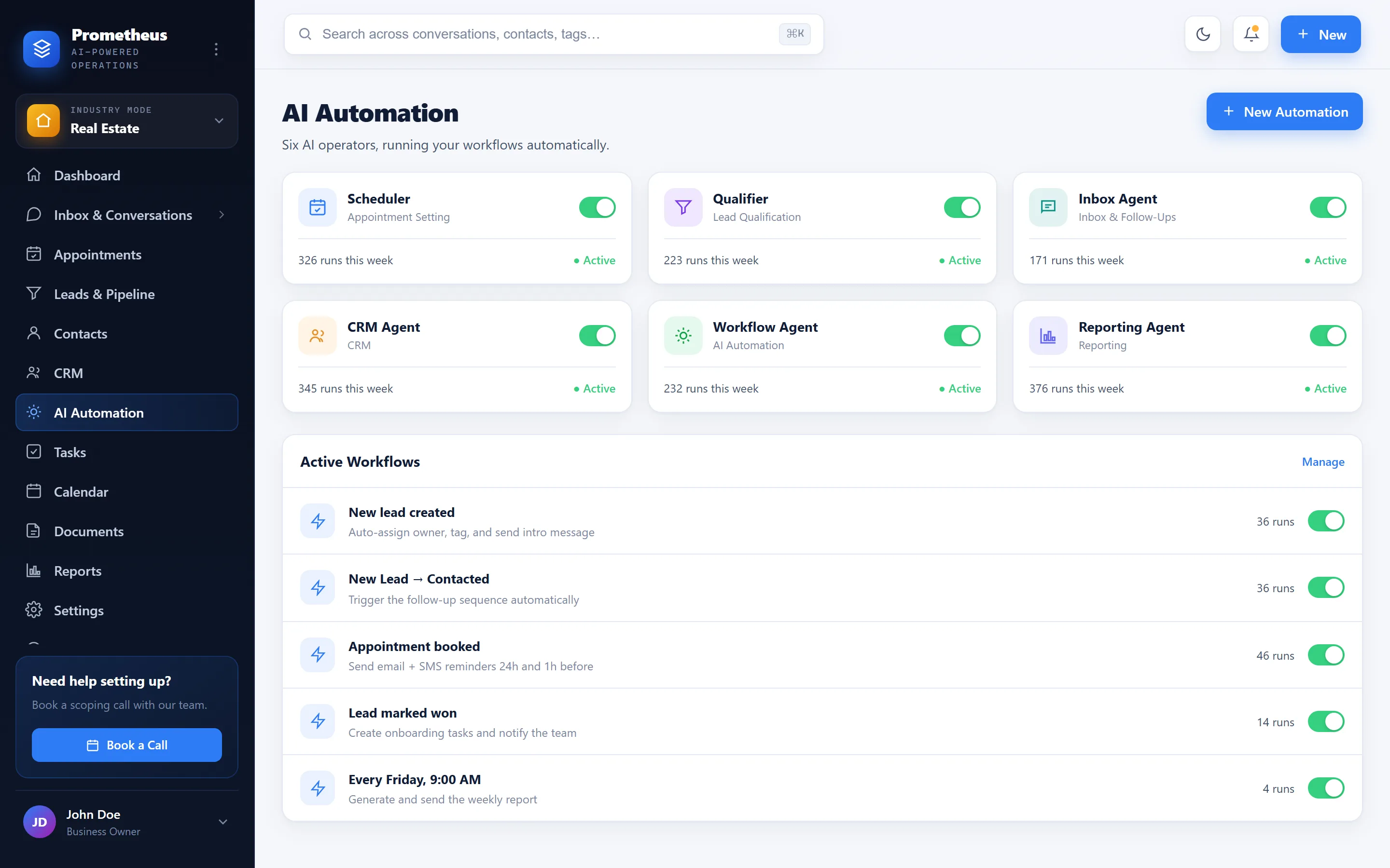 Prometheus AI automation — six AI operators with workflows