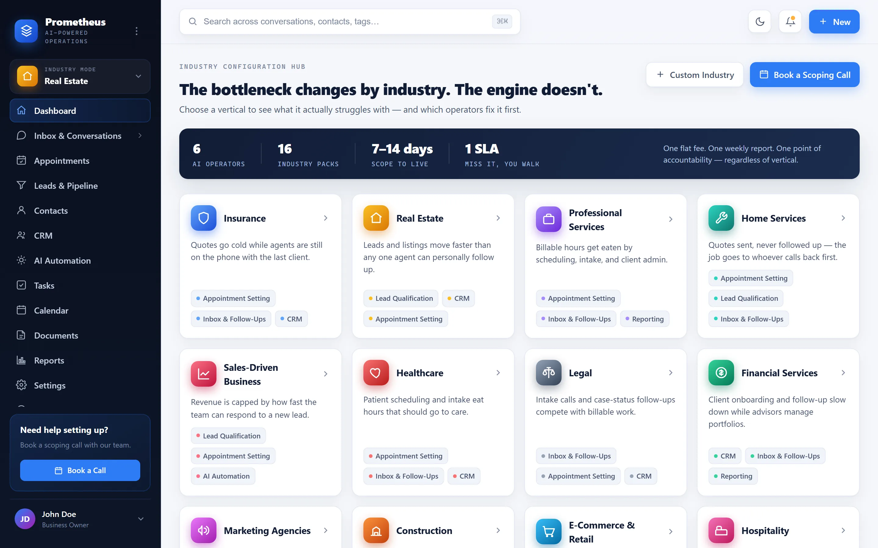 Prometheus industry configuration hub — 16 vertical packs